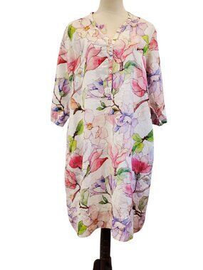 NoLoGo SZ XL 100% Linen Classic Tunic Dress Floral Watercolor Print White/Multi